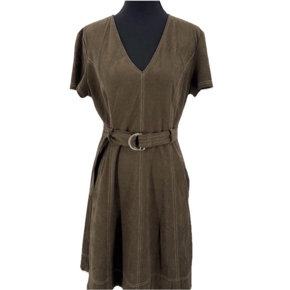 Sugar+Lips Faux Suede brown mini Dress belted v-neck A-line boho festival Medium
